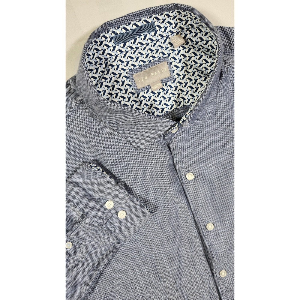 Ted Baker London Mens Blue Herringbone Button Down Shirt XXL Contrast Trim 0016